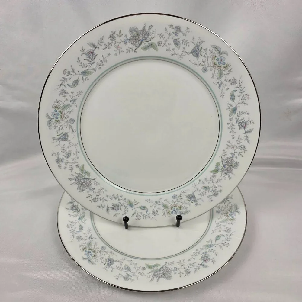 TWO Oxford China Spring Bone China Dinner Plate Multicolor Floral Rim Aqua Band